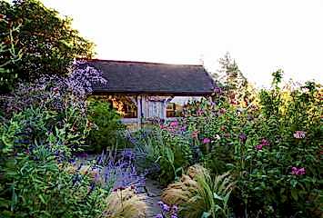 Cottage roof pokes through bushes and brightly coloured flowers on a vibrant summers day.