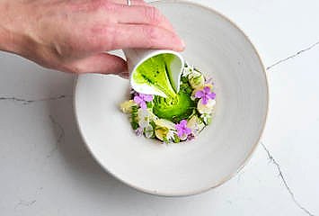 White asparagus with hollandaise and herbs on fine China. Seasonal starter at Gravetye Manor restaurant.